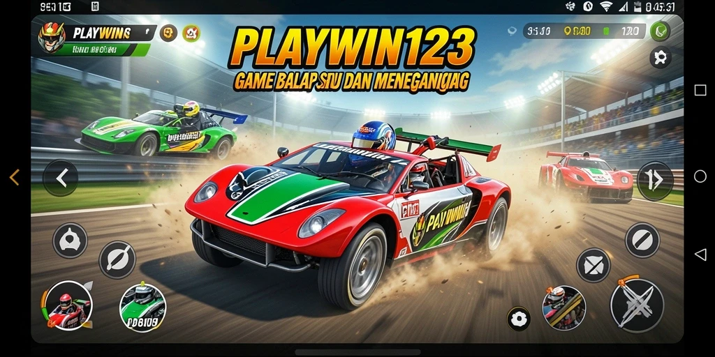 Gameplay menegangkan di TRACK balap PLAYWIN123 dengan mobil cepat.