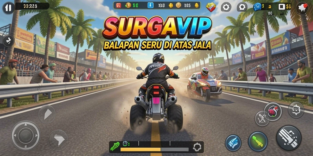 Tampilan gameplay SURGAVIP saat balapan seru di lintasan.